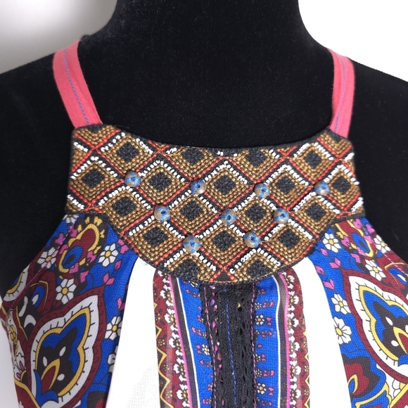 Anthropologie One September Nala Beaded Print Halter Tank Top Black Pink XS - Picture 2 of 10